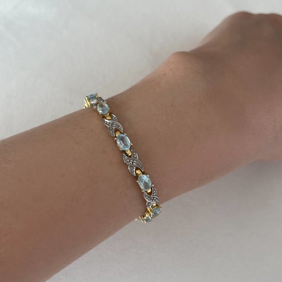 Vintage 925 Yellow Gold Vermeil Silver Tennis Bracelet Natural Blue Topaz Gemsto - Picture 4 of 12